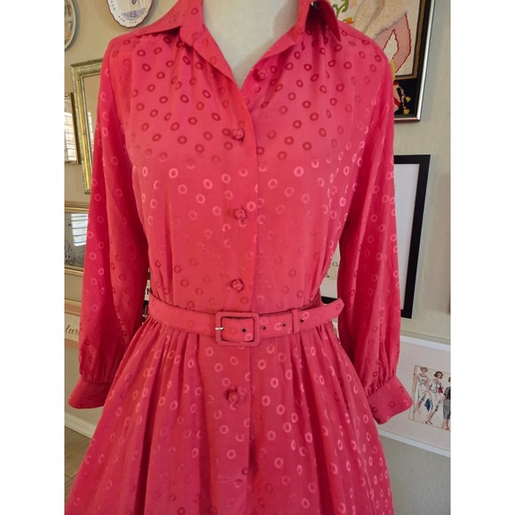 Vintage 60s Ciao Ltd Silk Dress Belted Midi‎ Fit Flare Pink Polka Dot Full Skirt - Picture 3 of 8